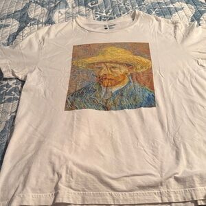 White Graphic T-Shirt with Van Gogh self portrait with Straw Hat